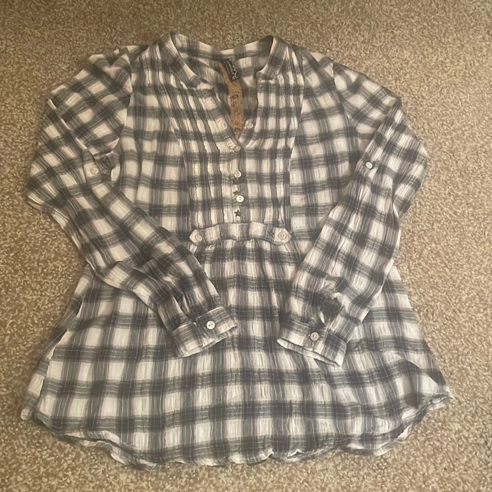 Free People Plaid 1/2 button down blouse
